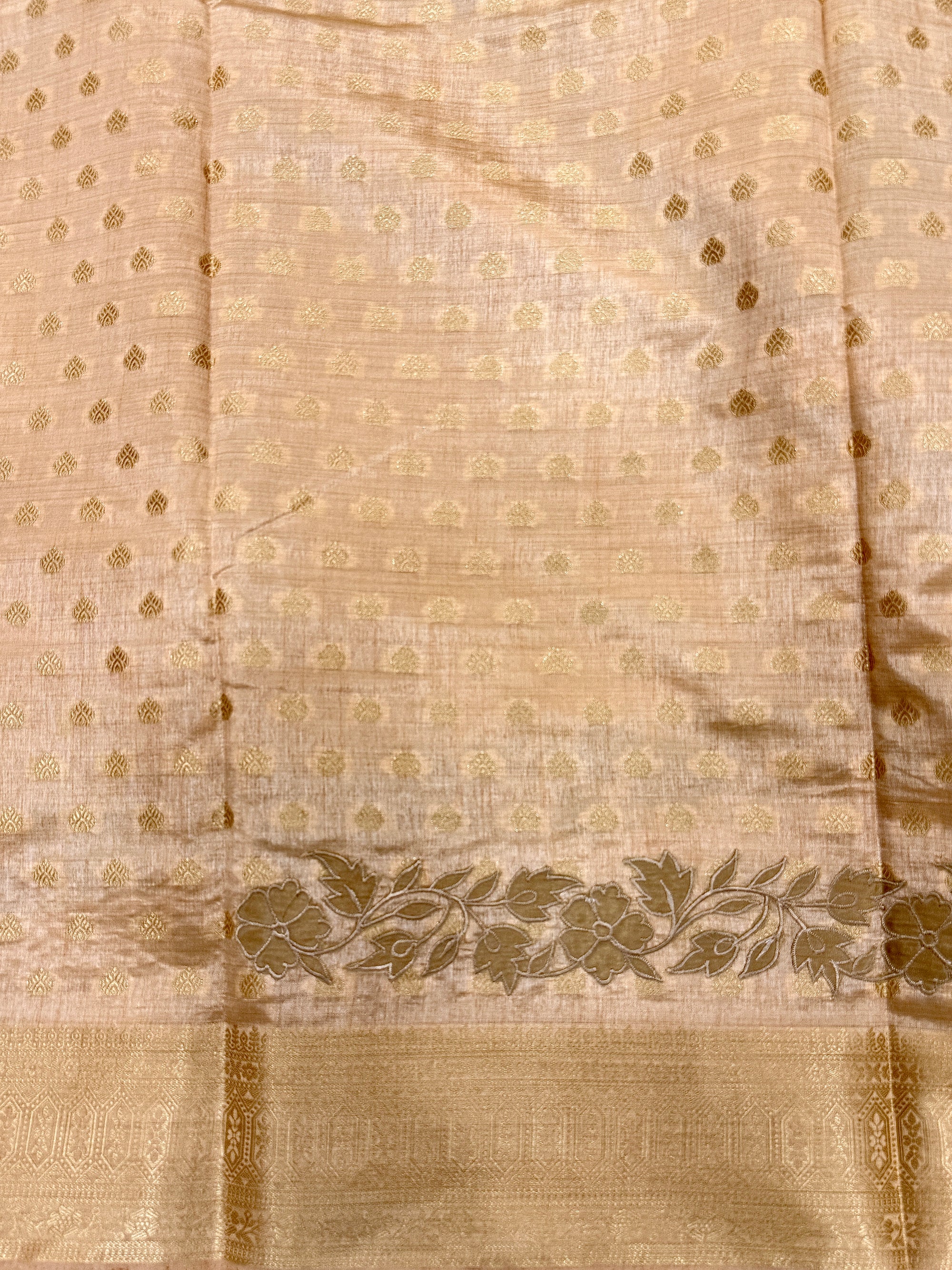 Peach Gold Semi Tussar Saree with Body Weaving & Appliqué Embroidery