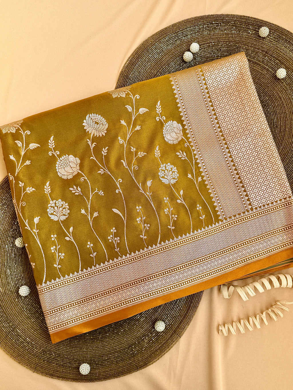 Mustard Gold Banarasi Mushroo Silk Saree with Floral Weaving & Zari Border