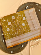 Mustard Gold Banarasi Mushroo Silk Saree with Floral Weaving & Zari Border