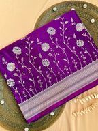 Royal Purple Banarasi Mushroo Silk Saree with Floral Weaving & Zari Border
