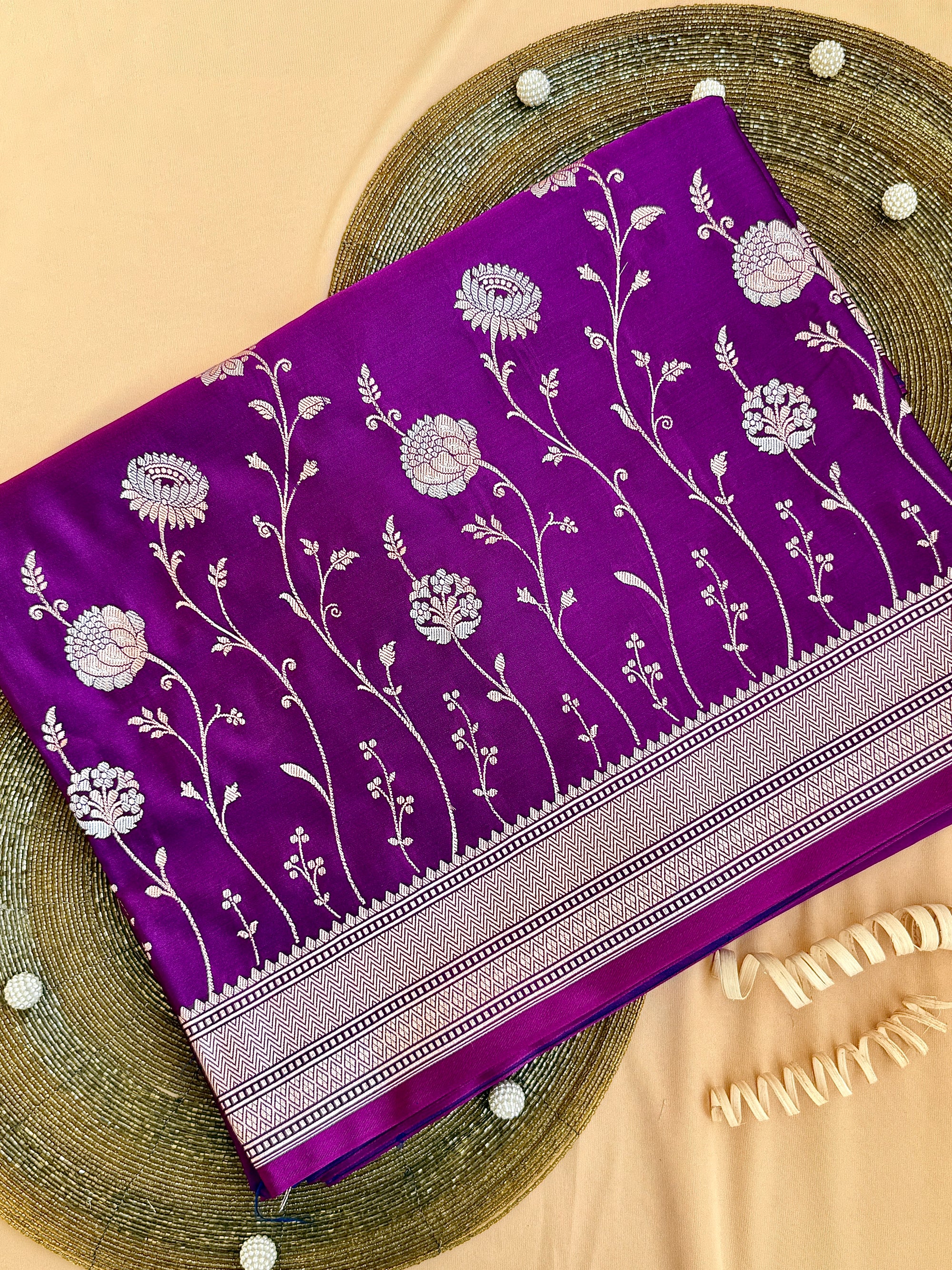 Royal Purple Banarasi Mushroo Silk Saree with Floral Weaving & Zari Border