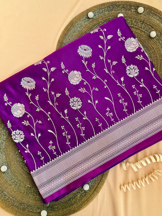 Royal Purple Banarasi Mushroo Silk Saree with Floral Weaving & Zari Border