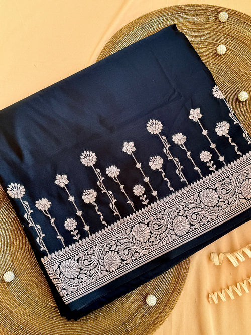 Black Banarasi Mushroo Silk Saree with Zari Border