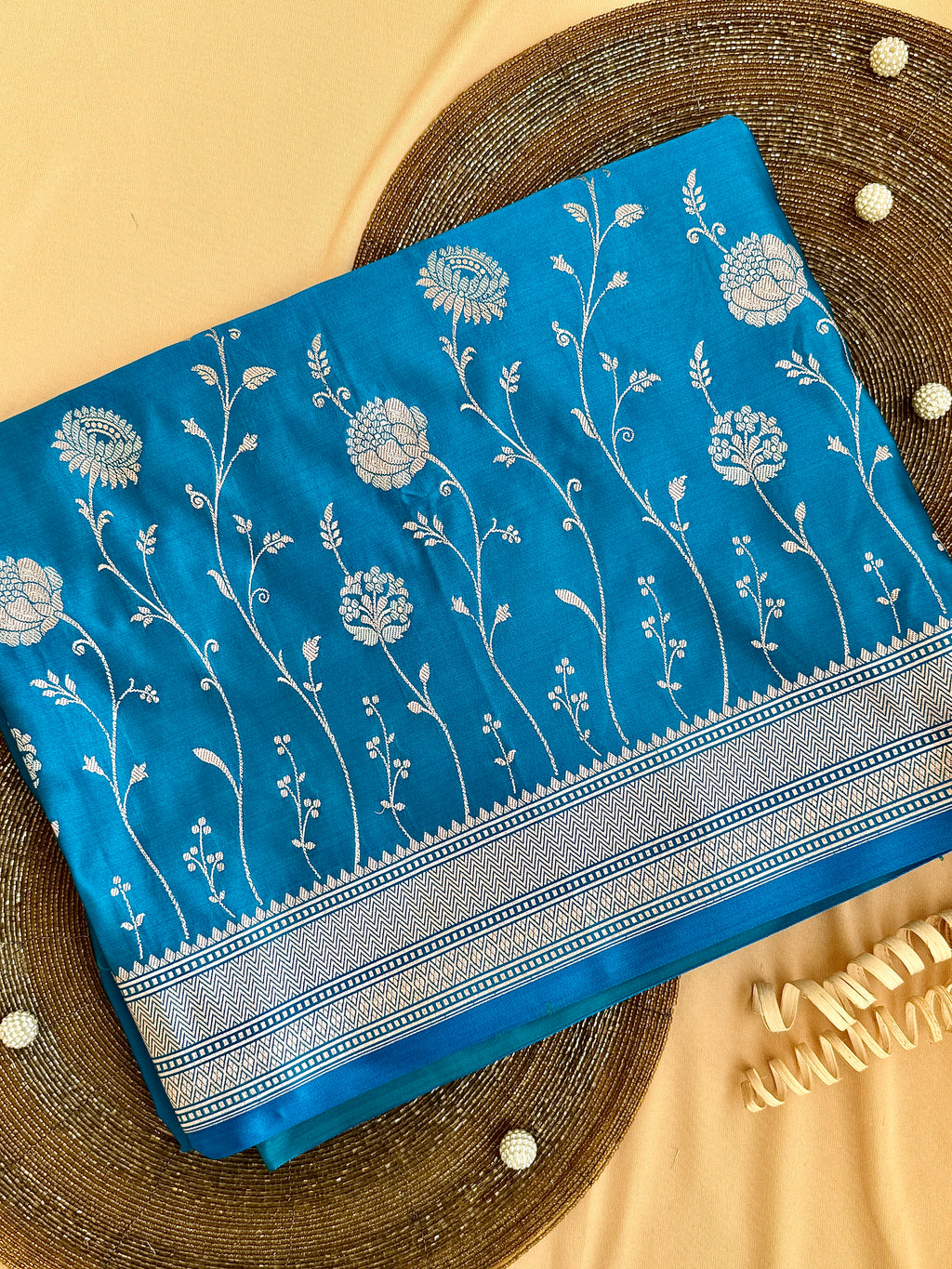 Turquoise Blue Banarasi Mushroo Silk Saree with Floral Weaving & Zari Border
