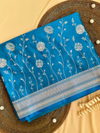 Turquoise Blue Banarasi Mushroo Silk Saree with Floral Weaving & Zari Border