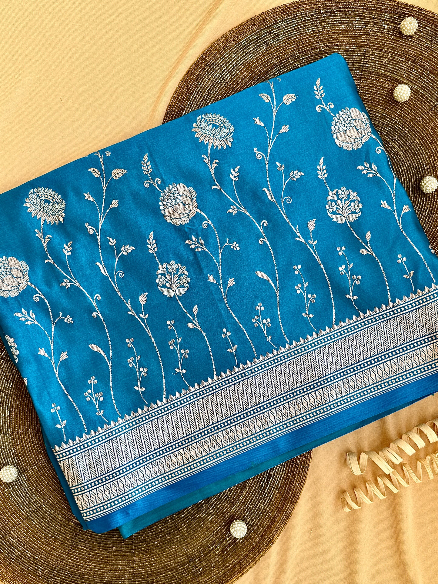 Turquoise Blue Banarasi Mushroo Silk Saree with Floral Weaving & Zari Border