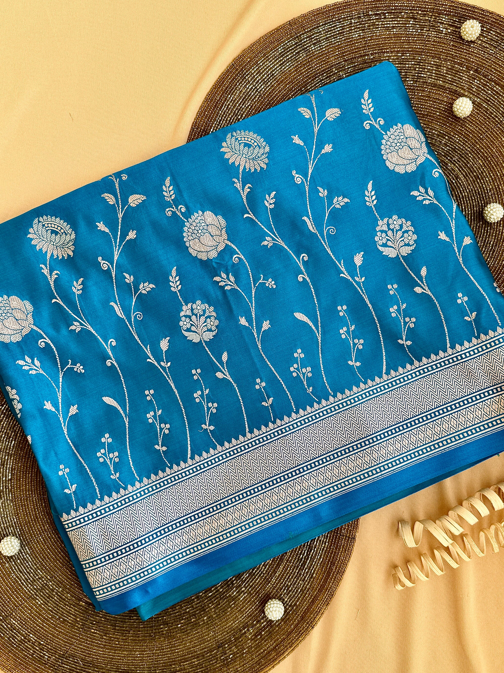 Turquoise Blue Banarasi Mushroo Silk Saree with Floral Weaving & Zari Border