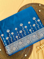 Sapphire Blue Banarasi Mushroo Silk Saree with Floral Weaving & Zari Border