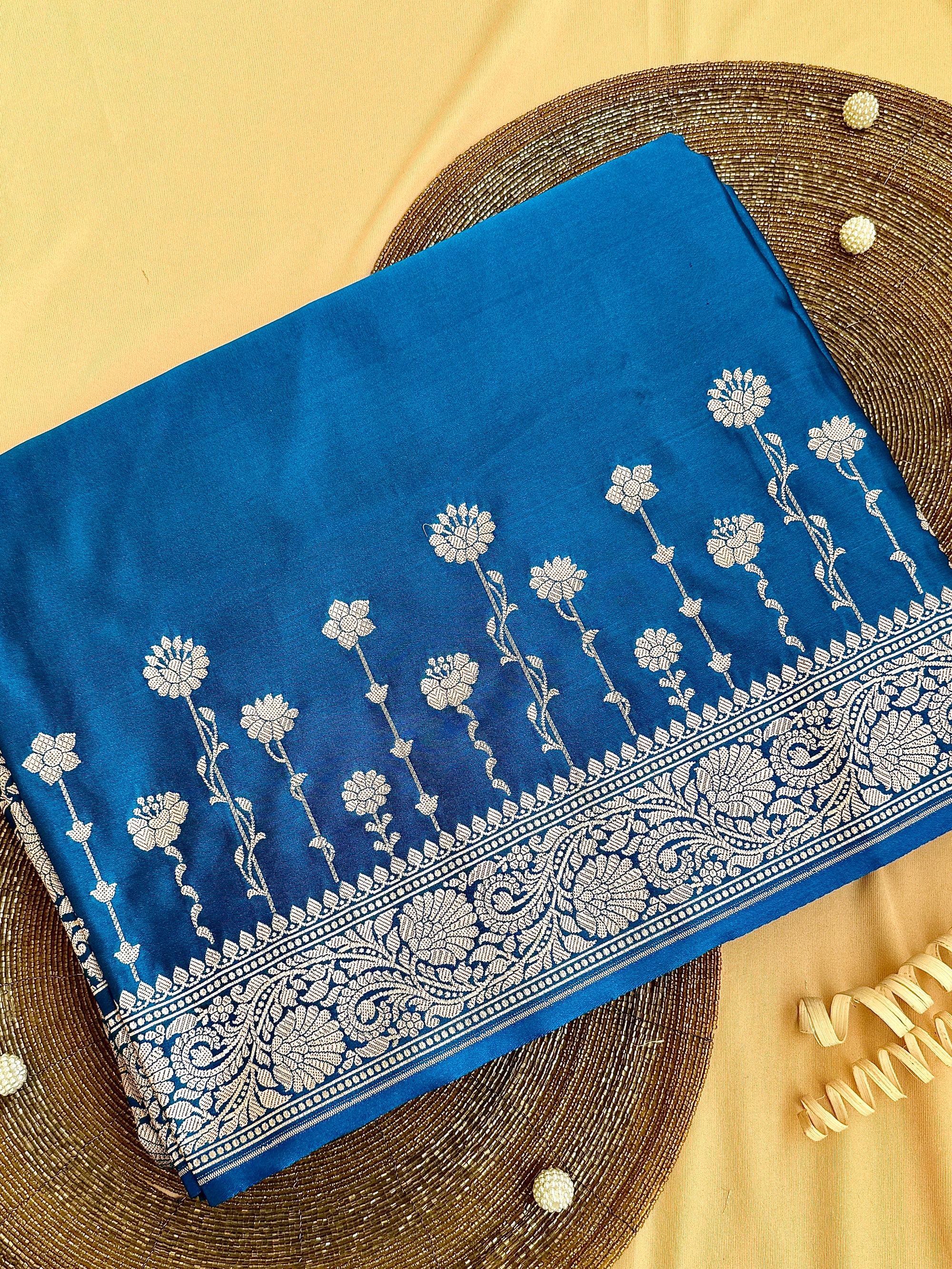 Sapphire Blue Banarasi Mushroo Silk Saree with Floral Weaving & Zari Border