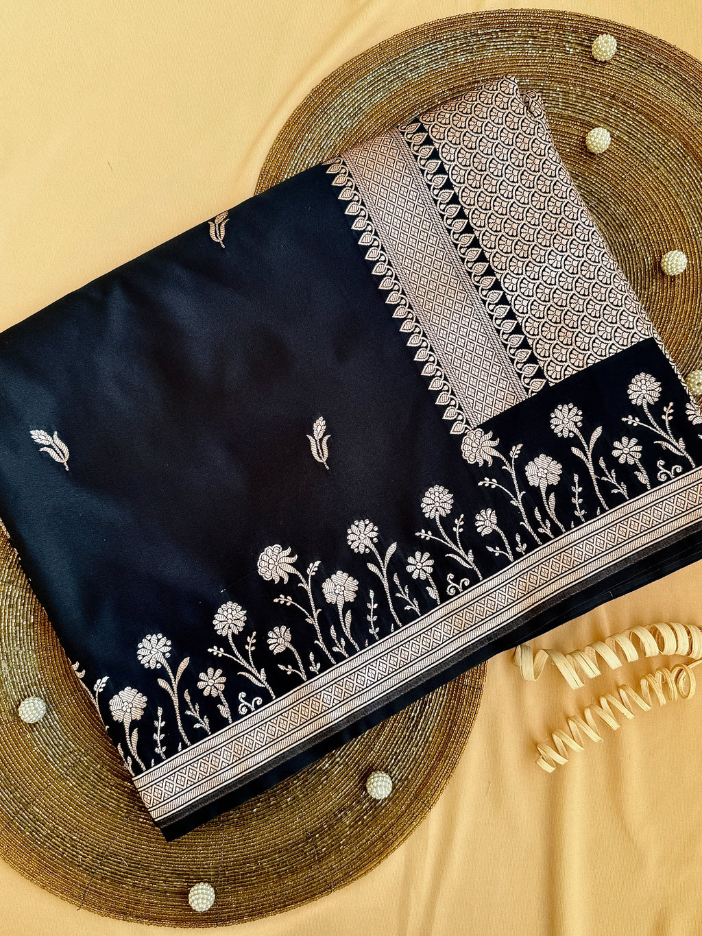 Black Banarasi Mushroo Silk Saree with Floral Weaving & Zari Border