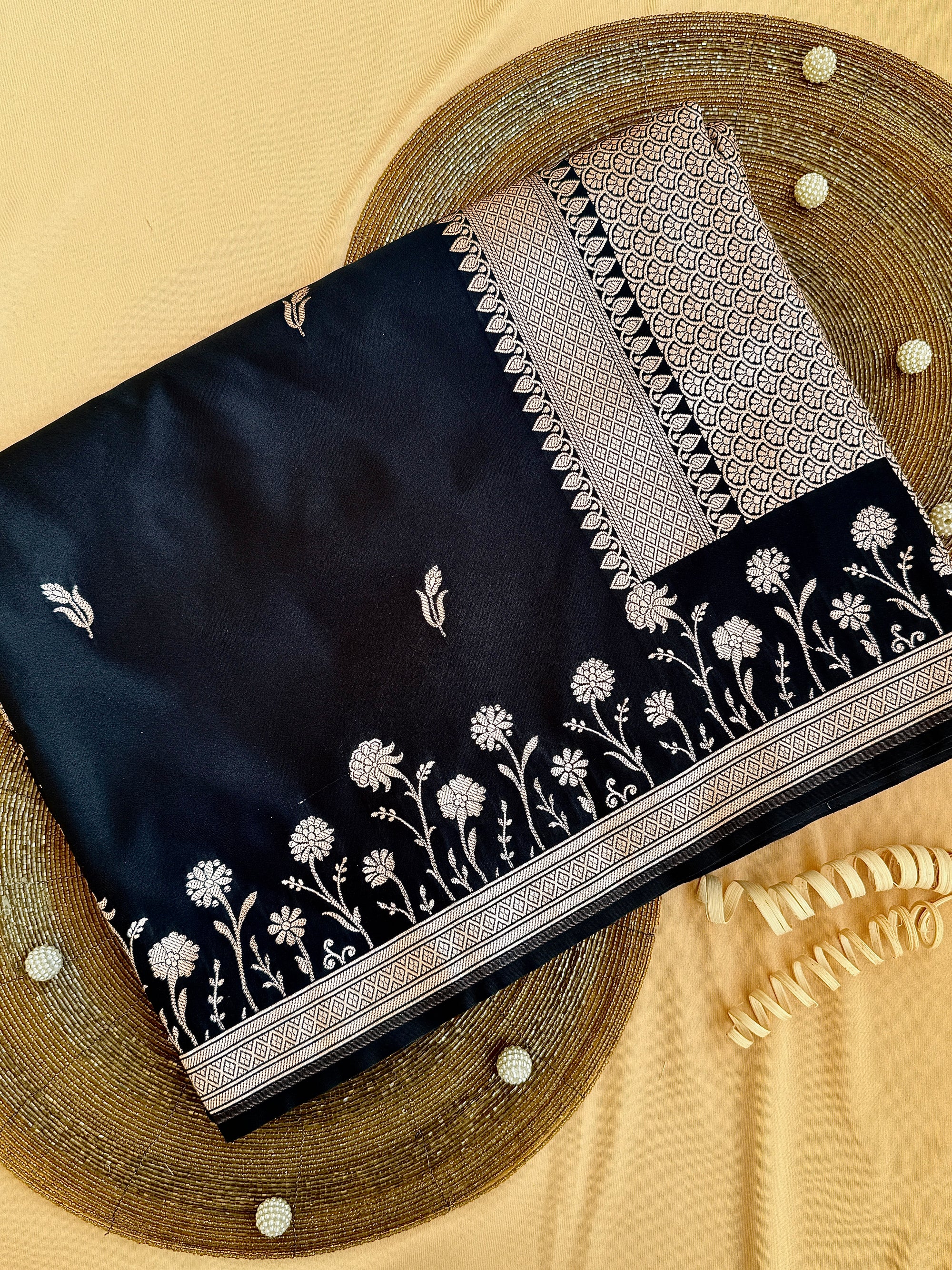 Black Banarasi Mushroo Silk Saree with Floral Weaving & Zari Border