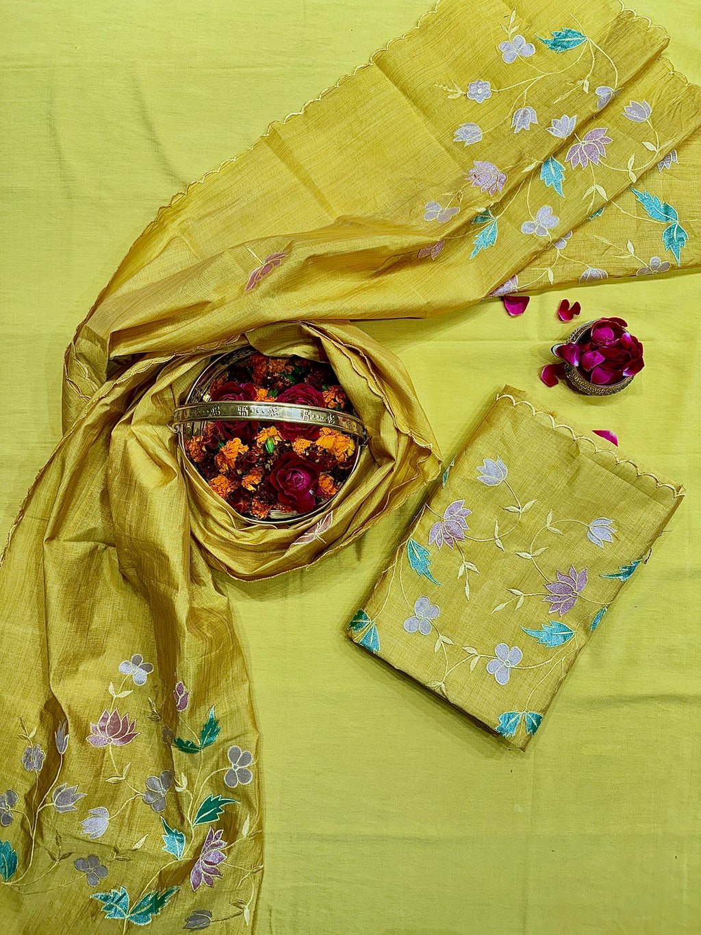 Yellow Tussar Silk Suit Set
