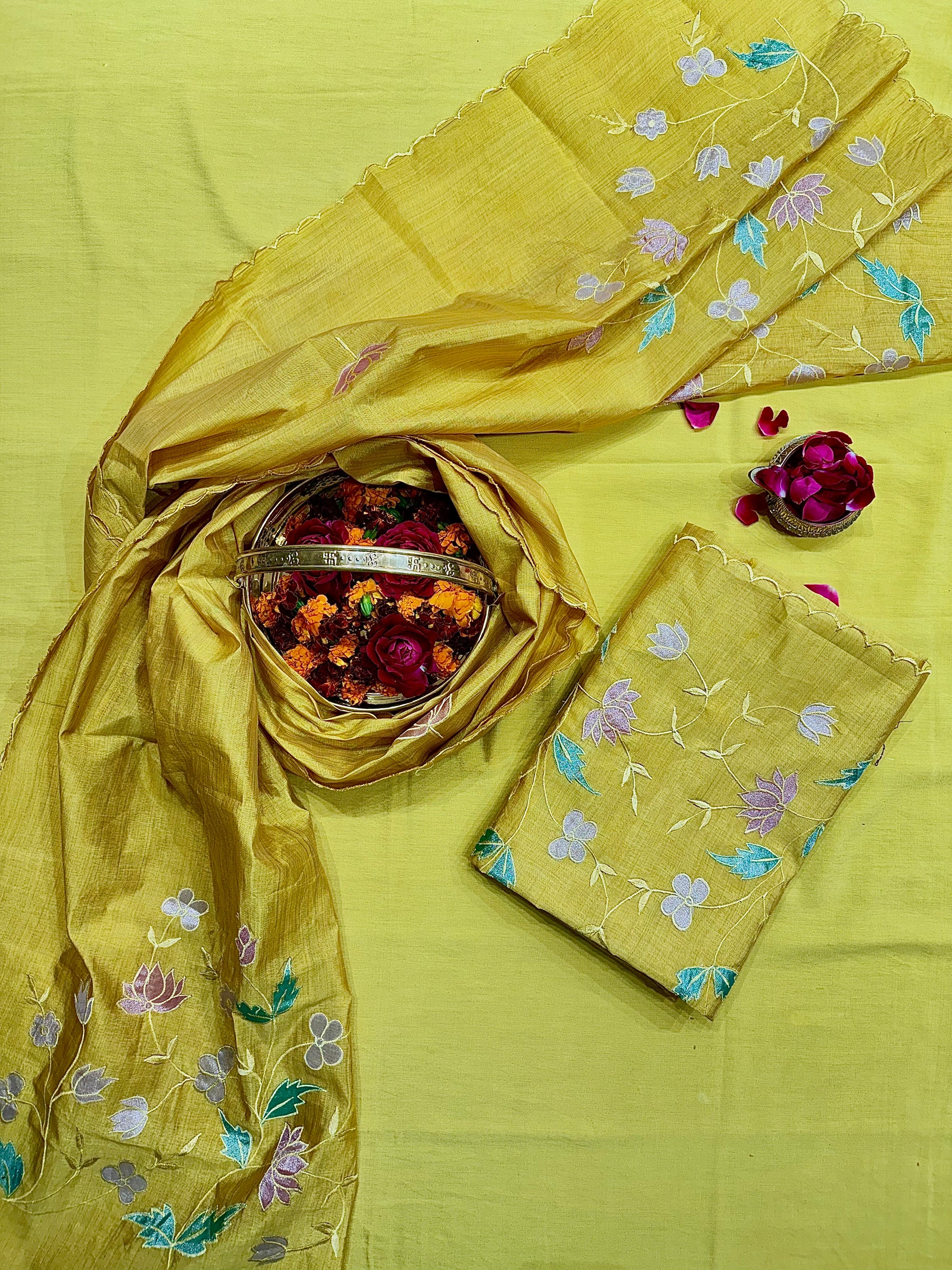 Yellow Tussar Silk Suit Set
