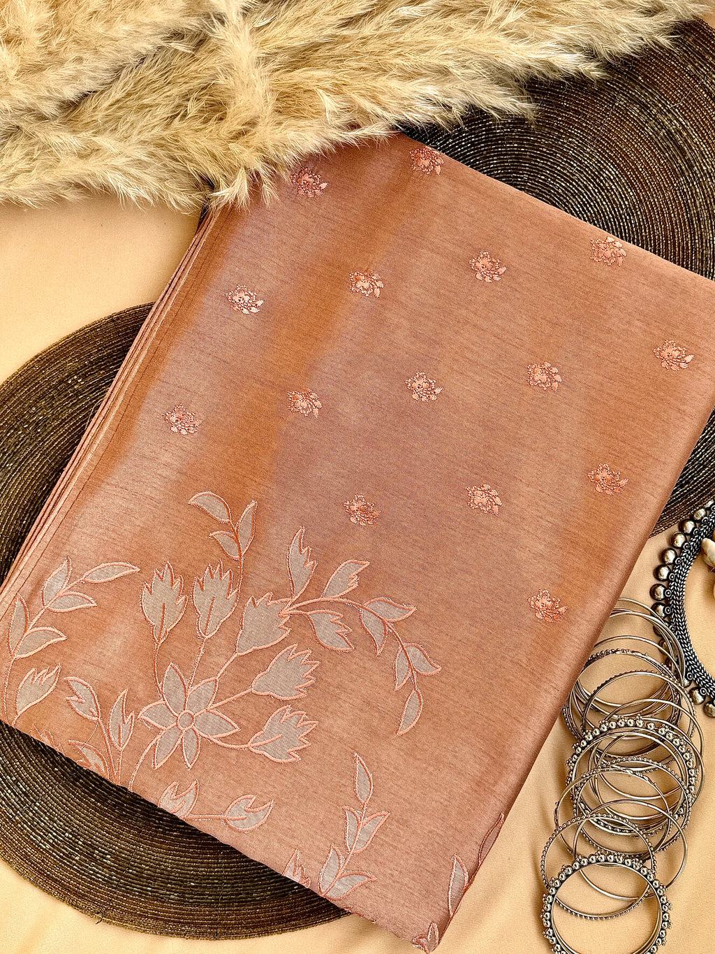 Raw Linen Applique Saree with Embroidered Work