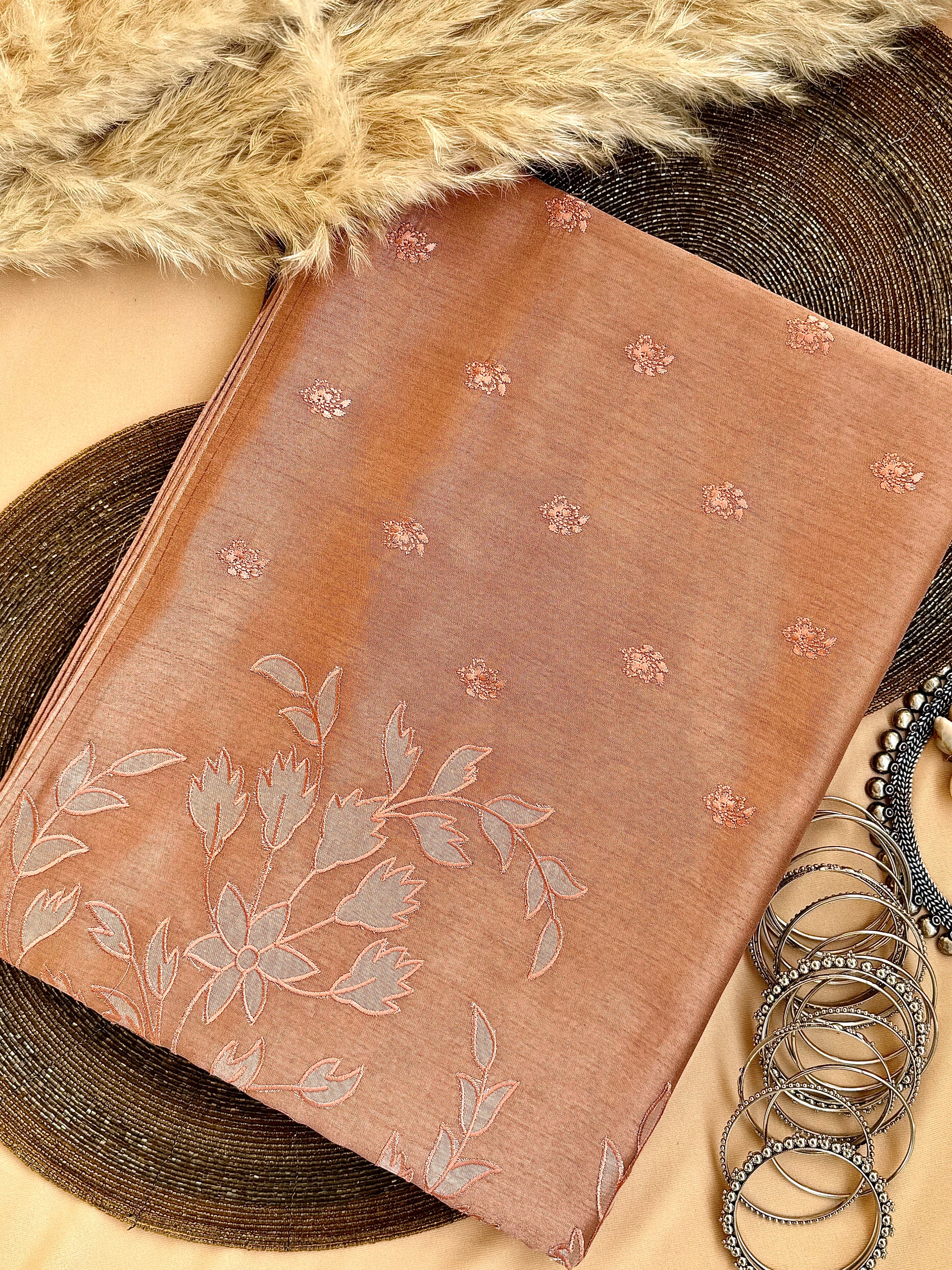 Raw Linen Applique Saree with Embroidered Work