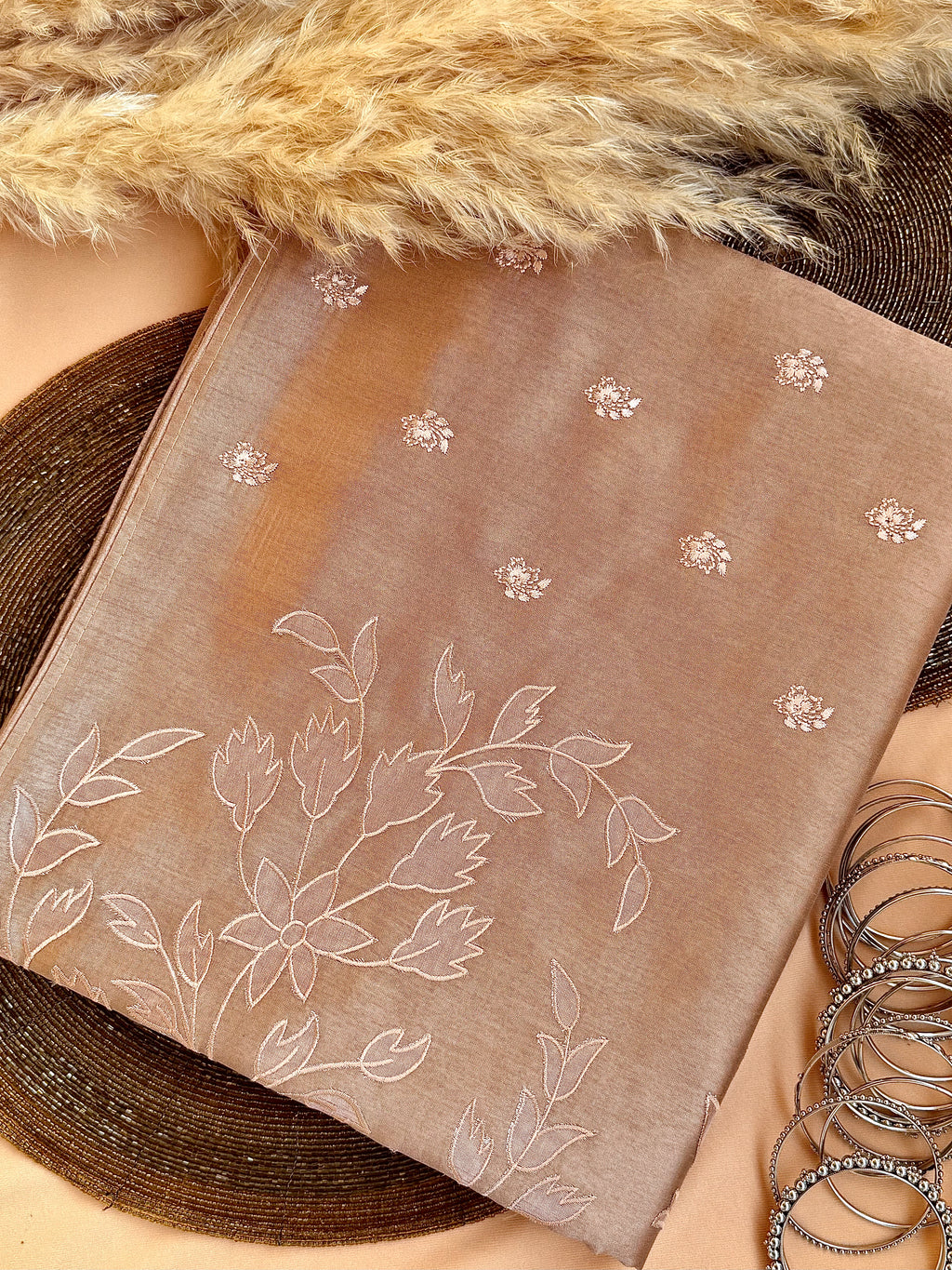 Raw Linen Applique Saree with Embroidered Work
