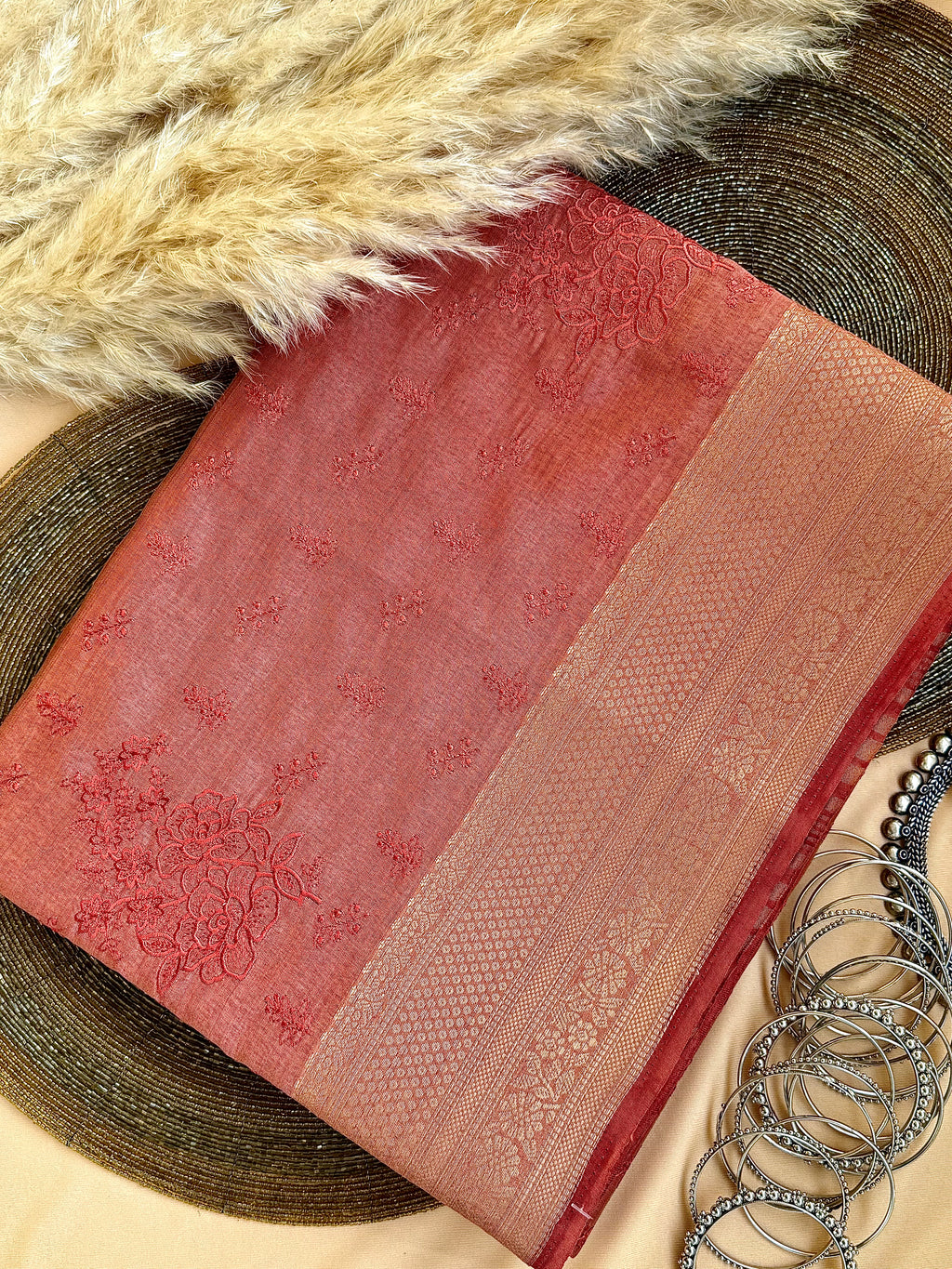 Semi Tussar Silk Saree with Embroidered Work