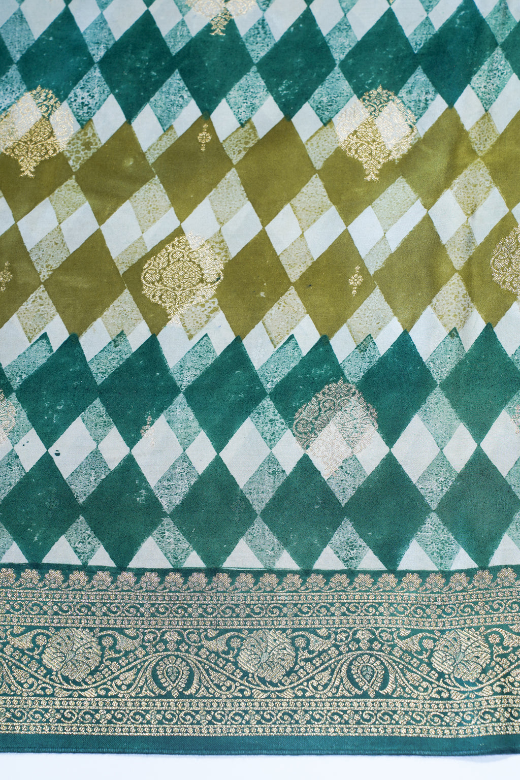 Tri-Color Checkered Viscose Satin Saree with Intricate Block Print