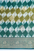 Tri-Color Checkered Viscose Satin Saree with Intricate Block Print