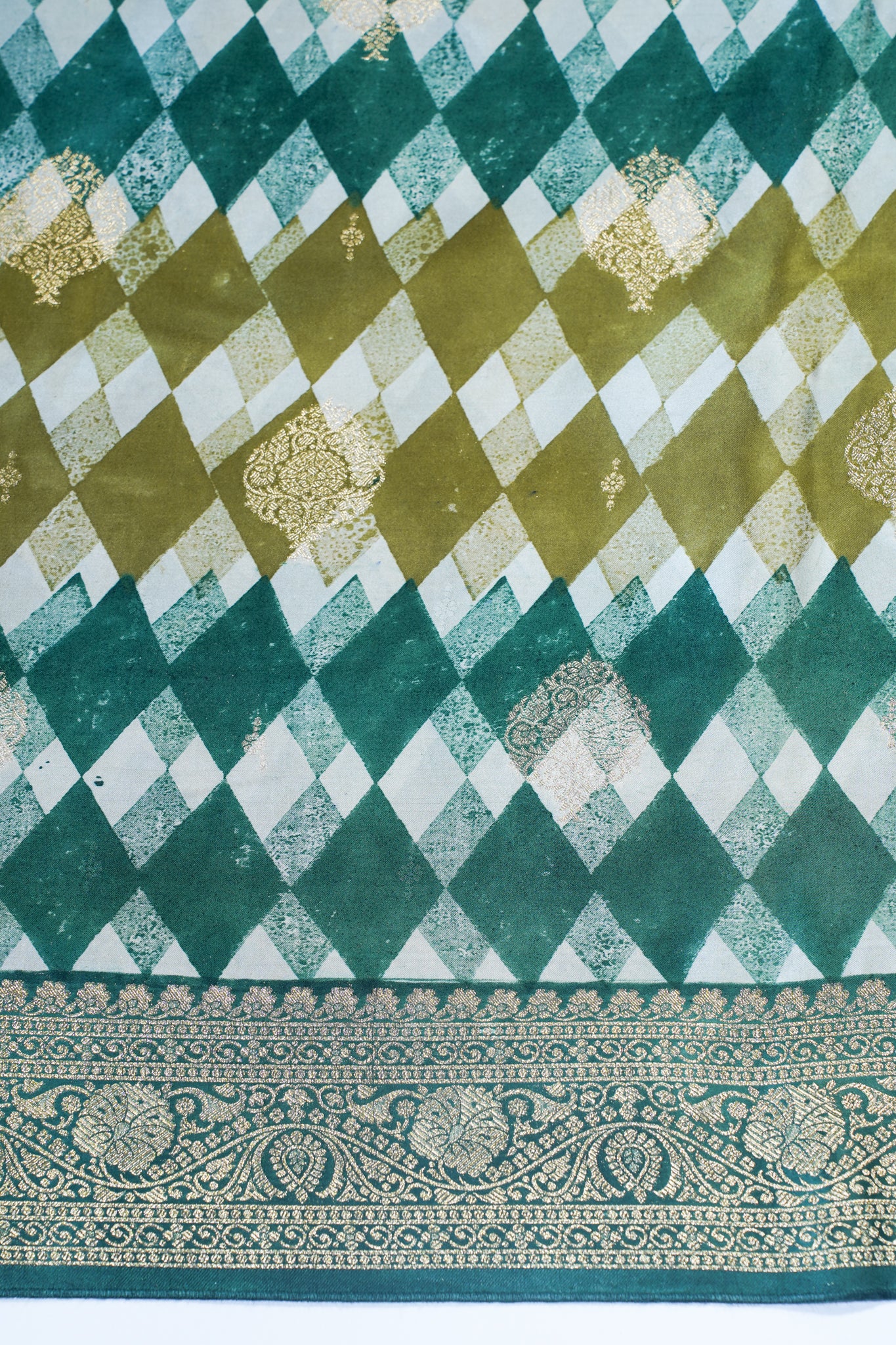 Tri-Color Checkered Viscose Satin Saree with Intricate Block Print