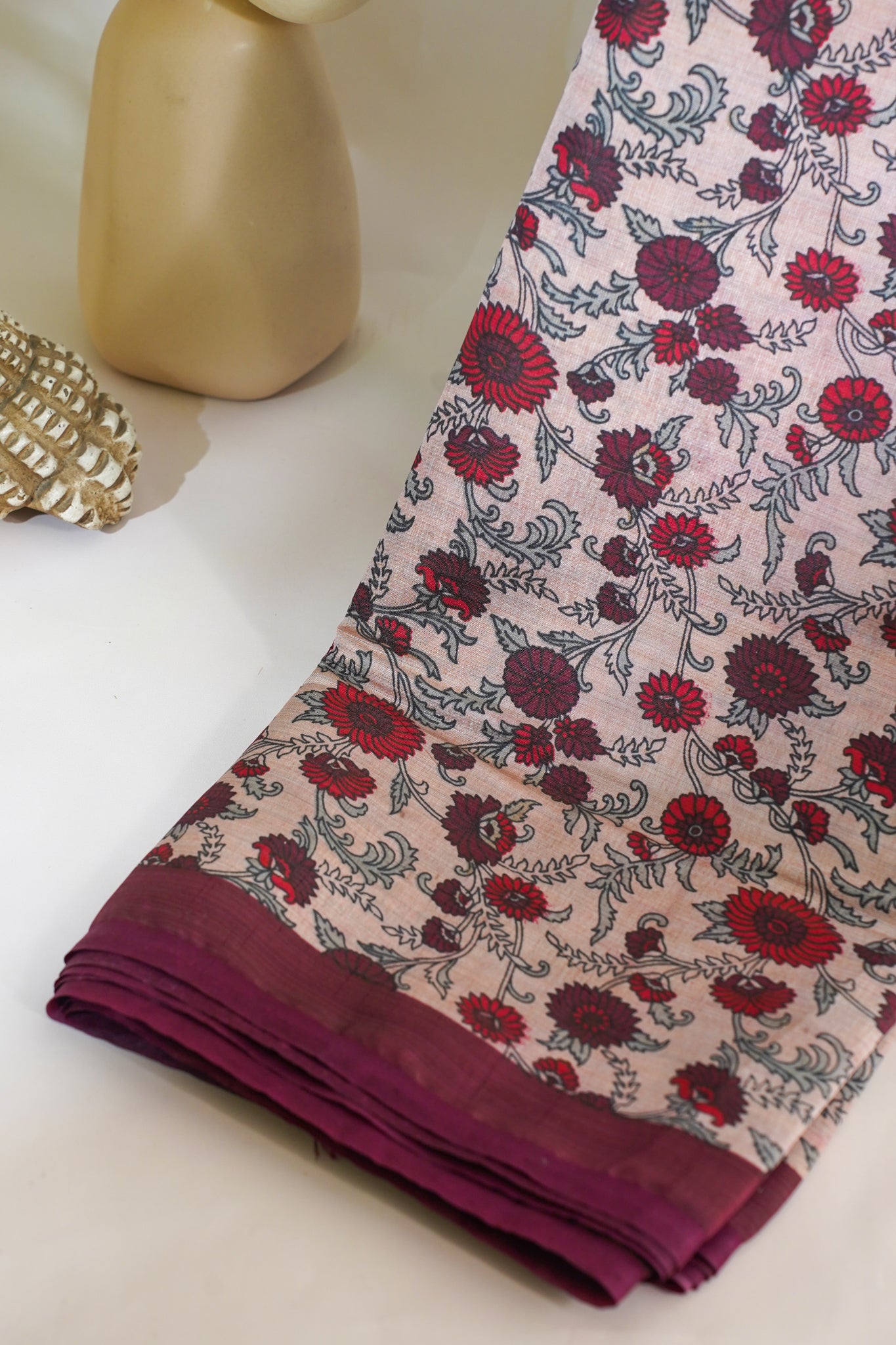 Cream Tussar Silk Saree with Wine Border & Kalamkari Print