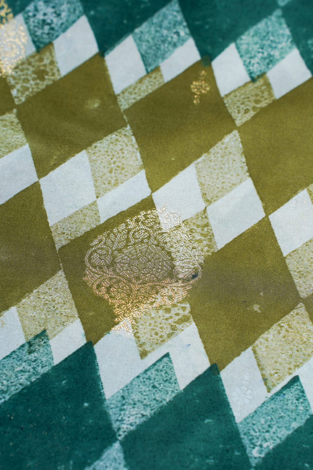 Tri-Color Checkered Viscose Satin Saree with Intricate Block Print