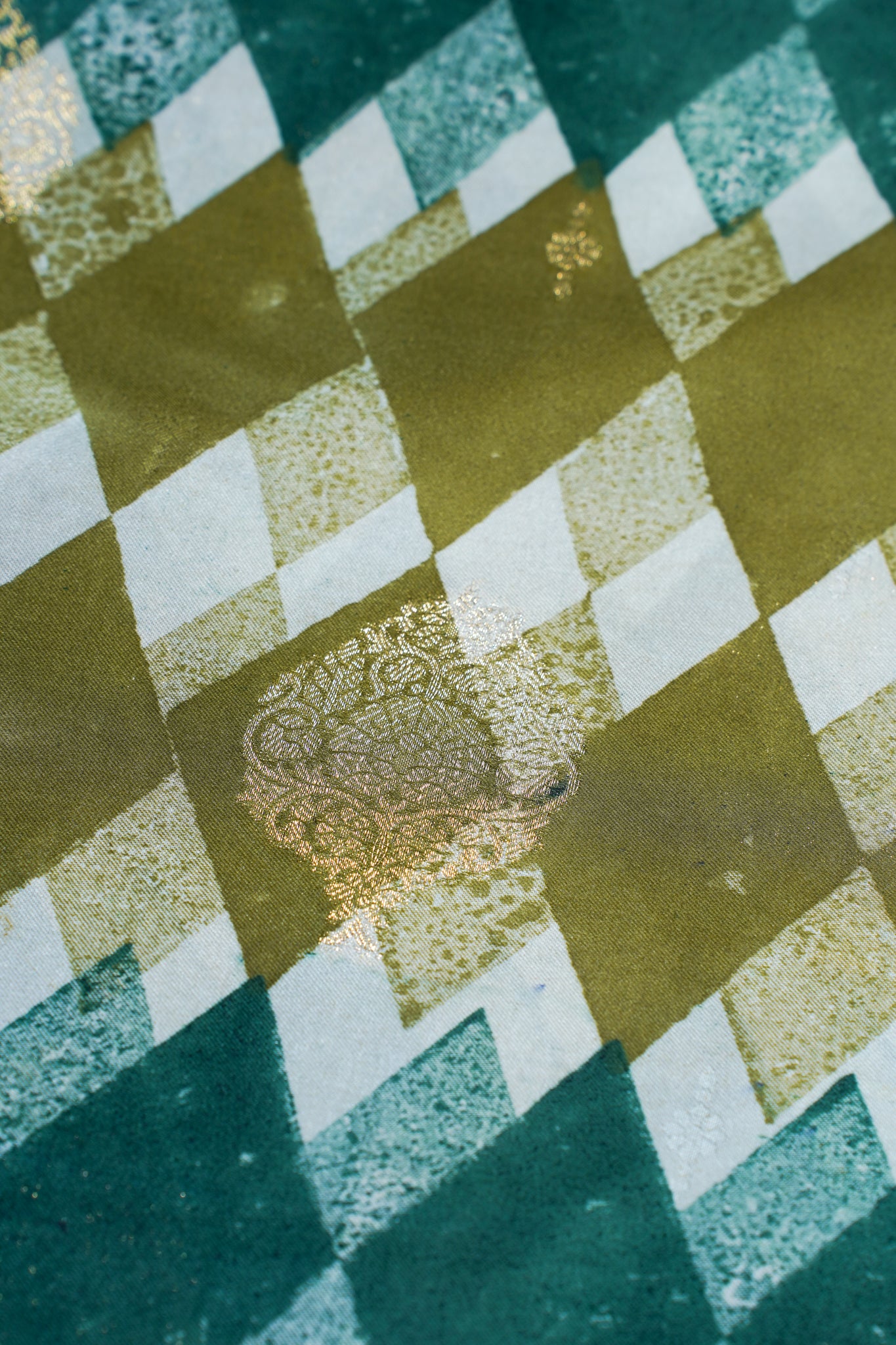 Tri-Color Checkered Viscose Satin Saree with Intricate Block Print
