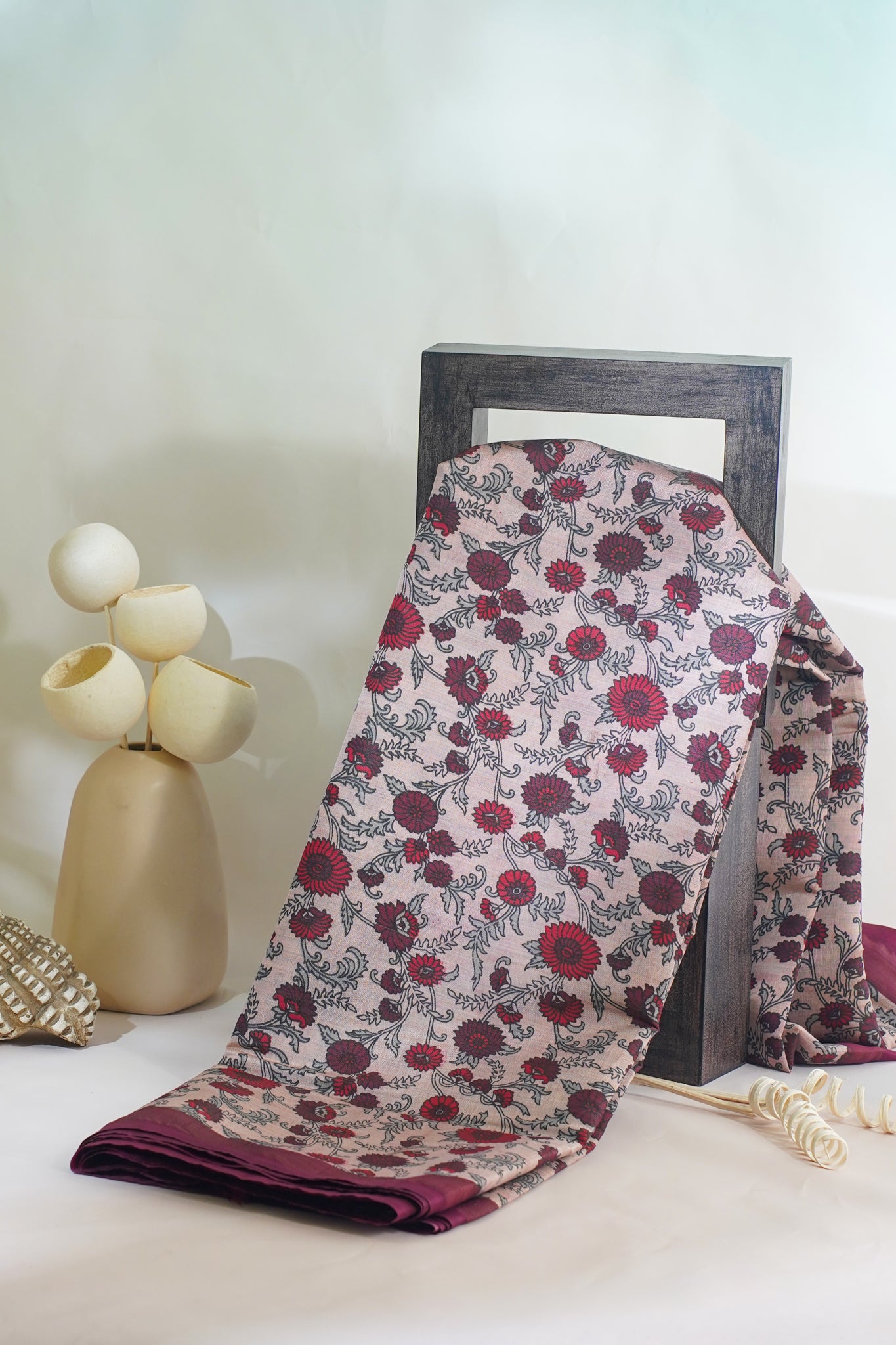 Cream Tussar Silk Saree with Wine Border & Kalamkari Print