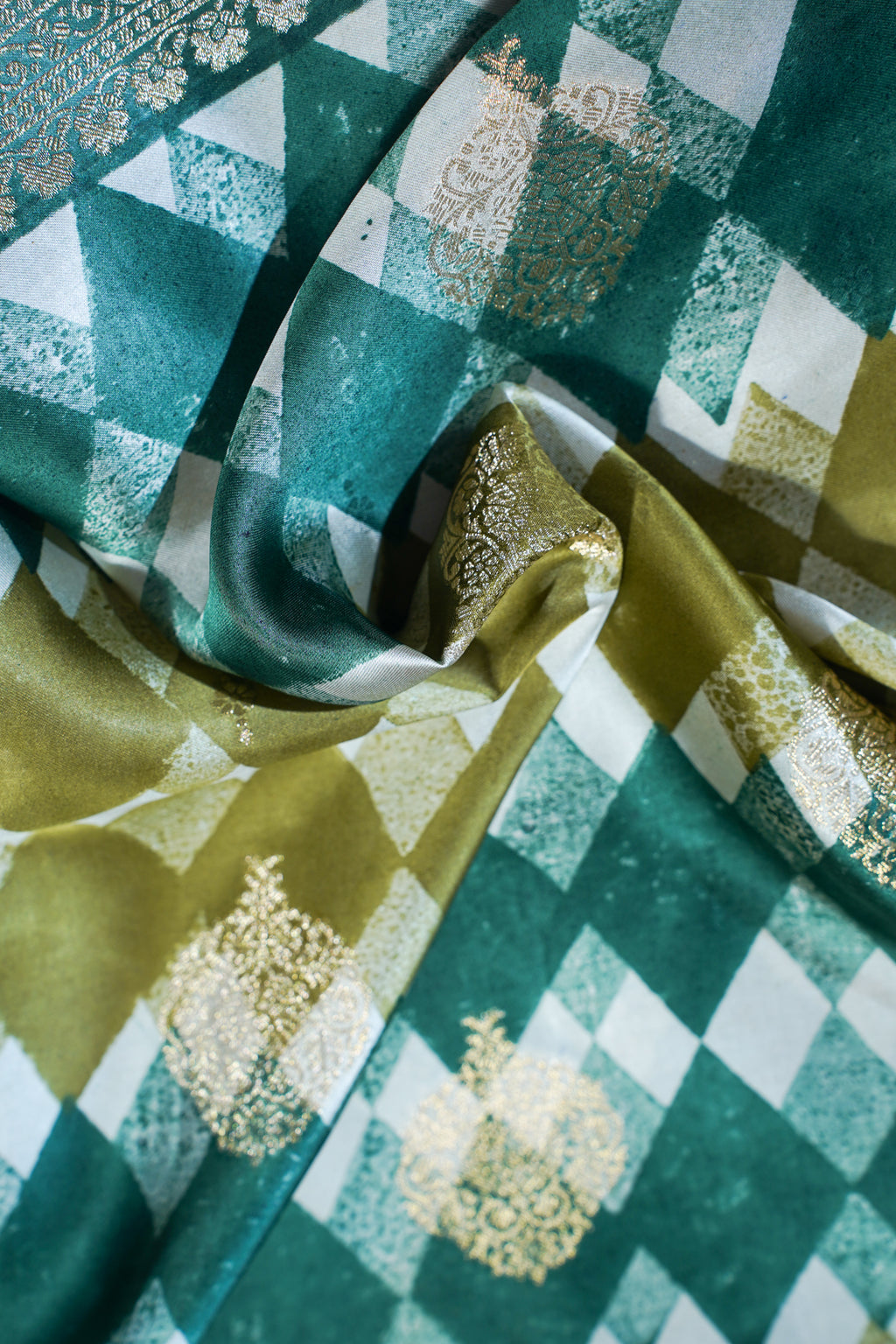 Tri-Color Checkered Viscose Satin Saree with Intricate Block Print