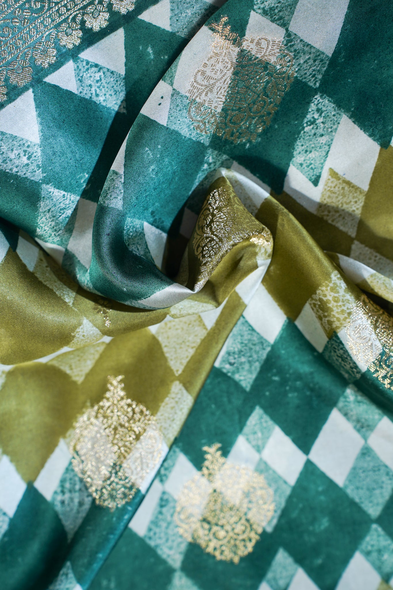 Tri-Color Checkered Viscose Satin Saree with Intricate Block Print