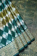 Tri-Color Checkered Viscose Satin Saree with Intricate Block Print