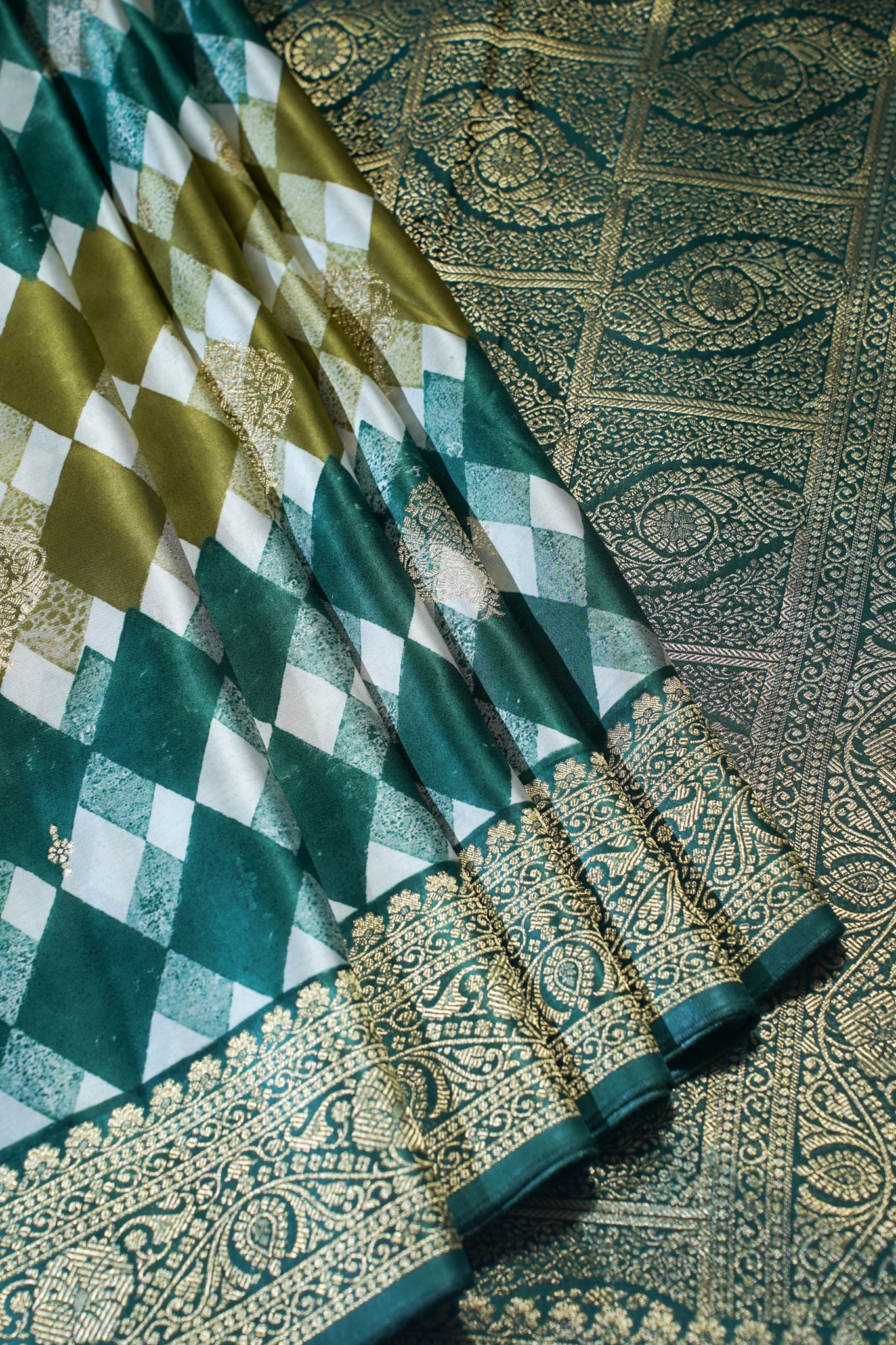 Tri-Color Checkered Viscose Satin Saree with Intricate Block Print