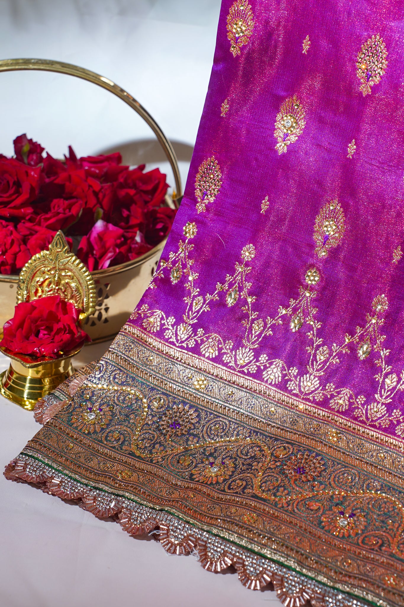 Pink Banarasi Saree with Green Pallu