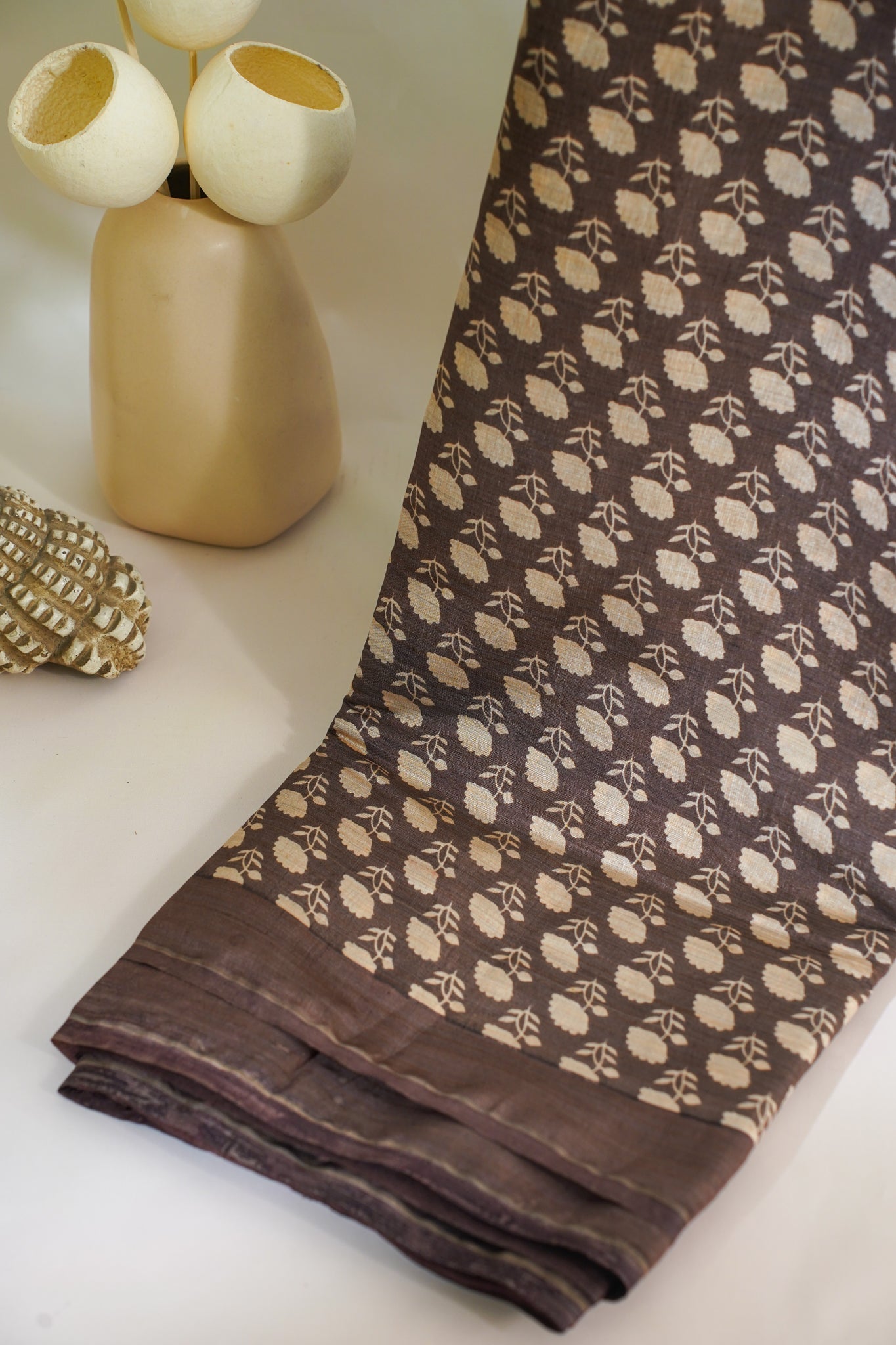 Brown Tussar Silk Saree with Kalamkari Print (Washable)
