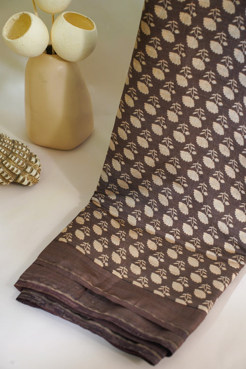 Brown Tussar Silk Saree with Kalamkari Print (Washable)