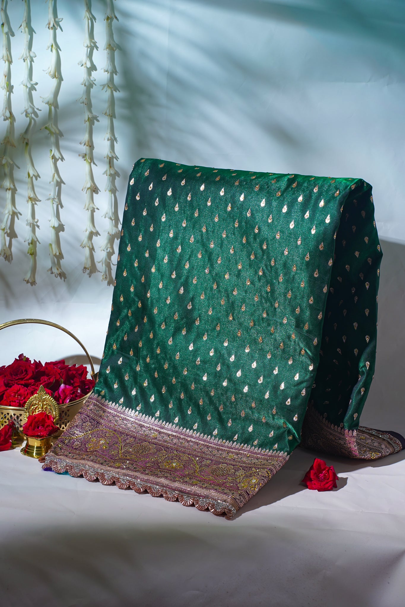 Green Saree with Red Pallu and Pink Blouse