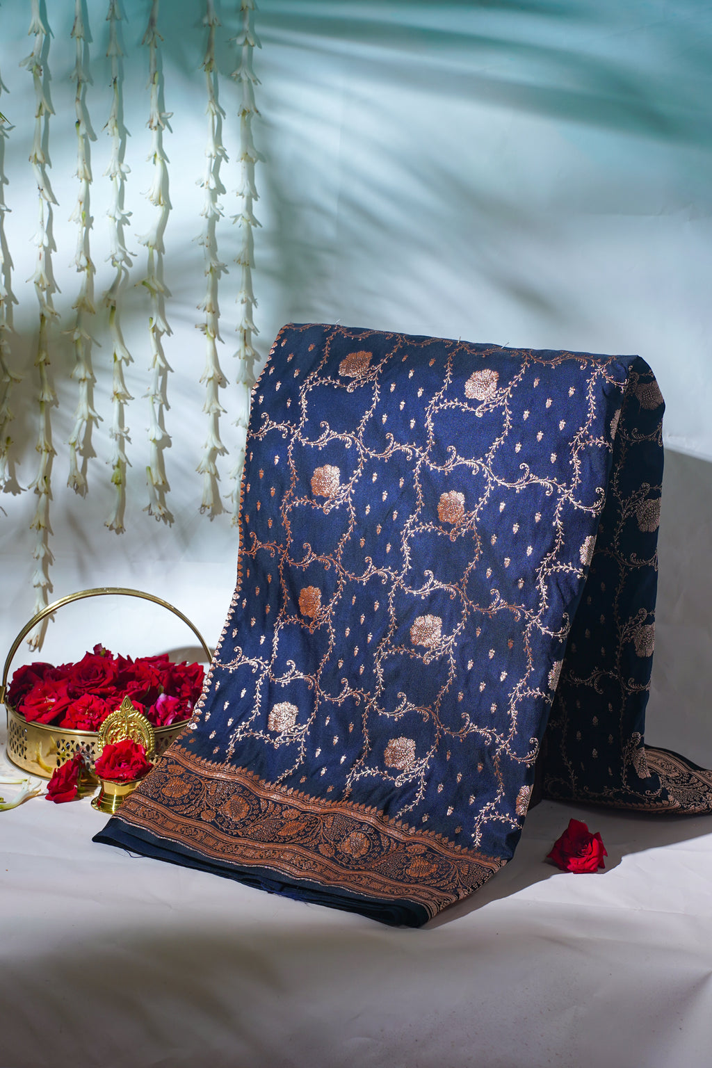 Navy Blue Satin Banarasi Saree with Golden Border