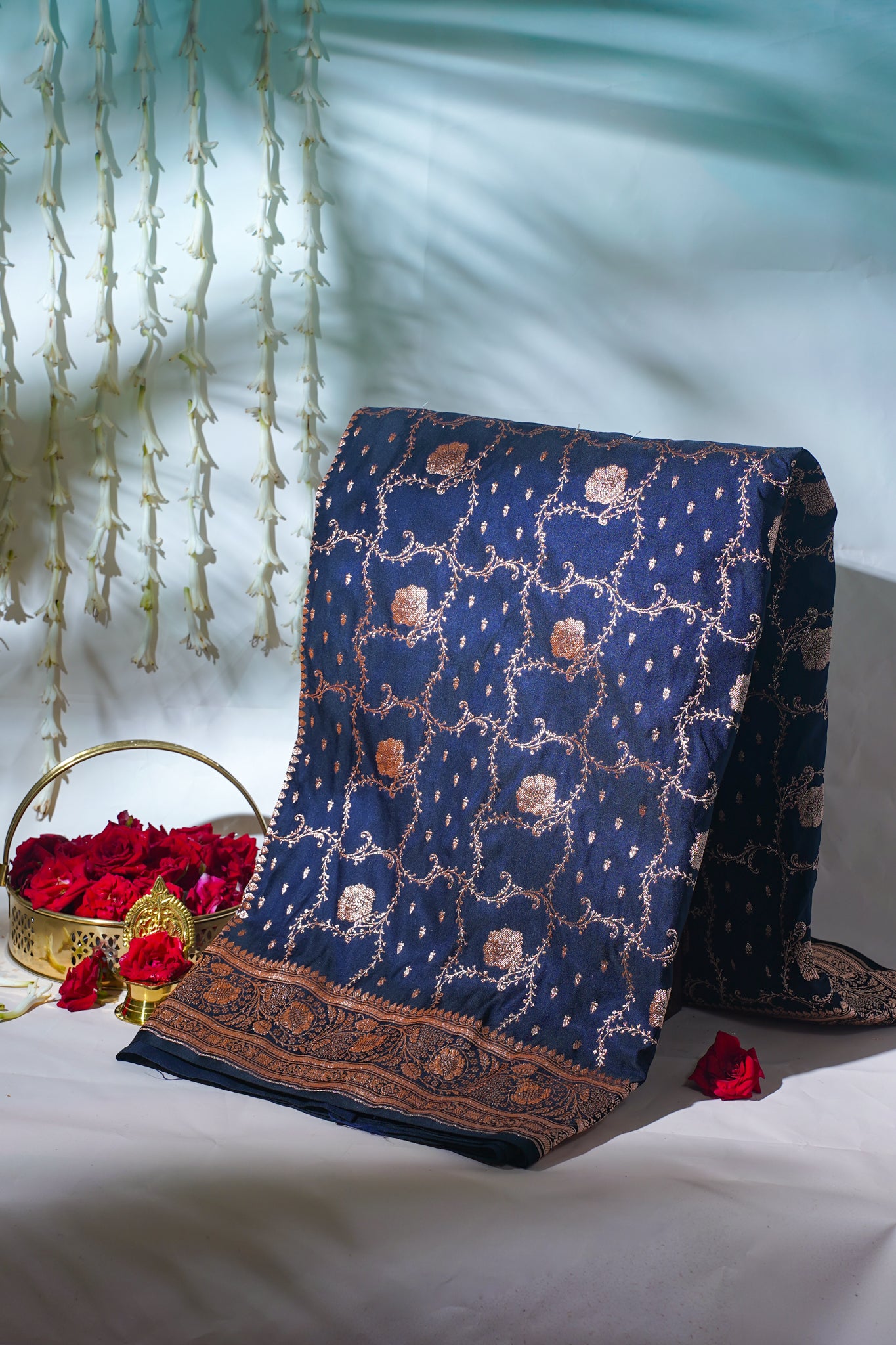 Navy Blue Satin Banarasi Saree with Golden Border