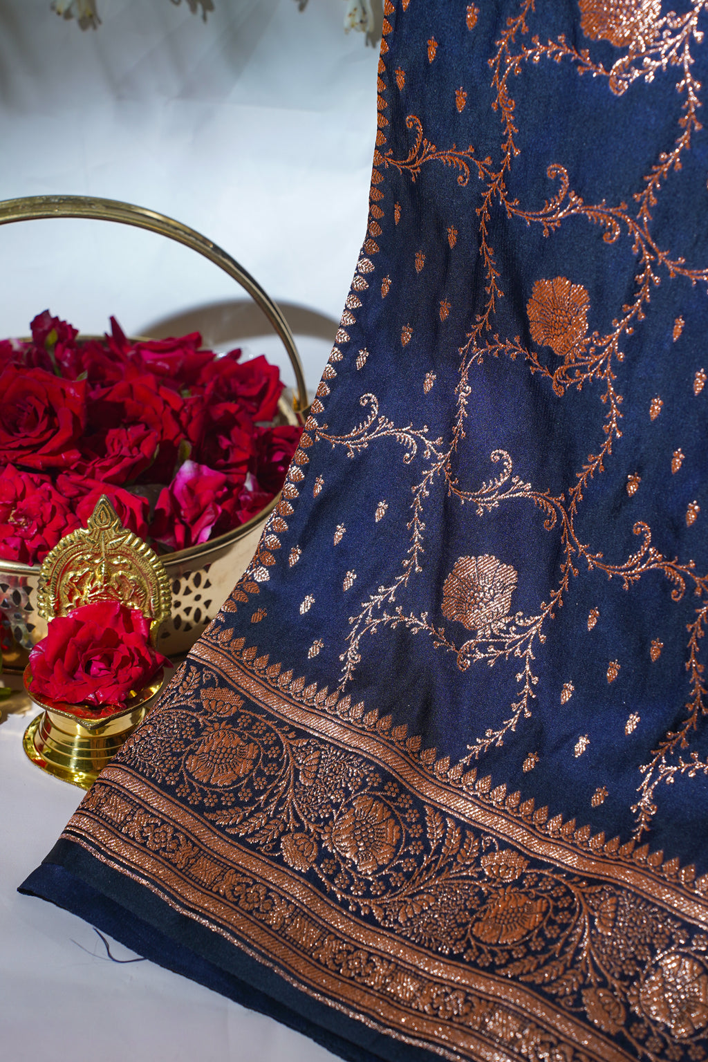 Navy Blue Satin Banarasi Saree with Golden Border