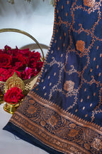 Navy Blue Satin Banarasi Saree with Golden Border