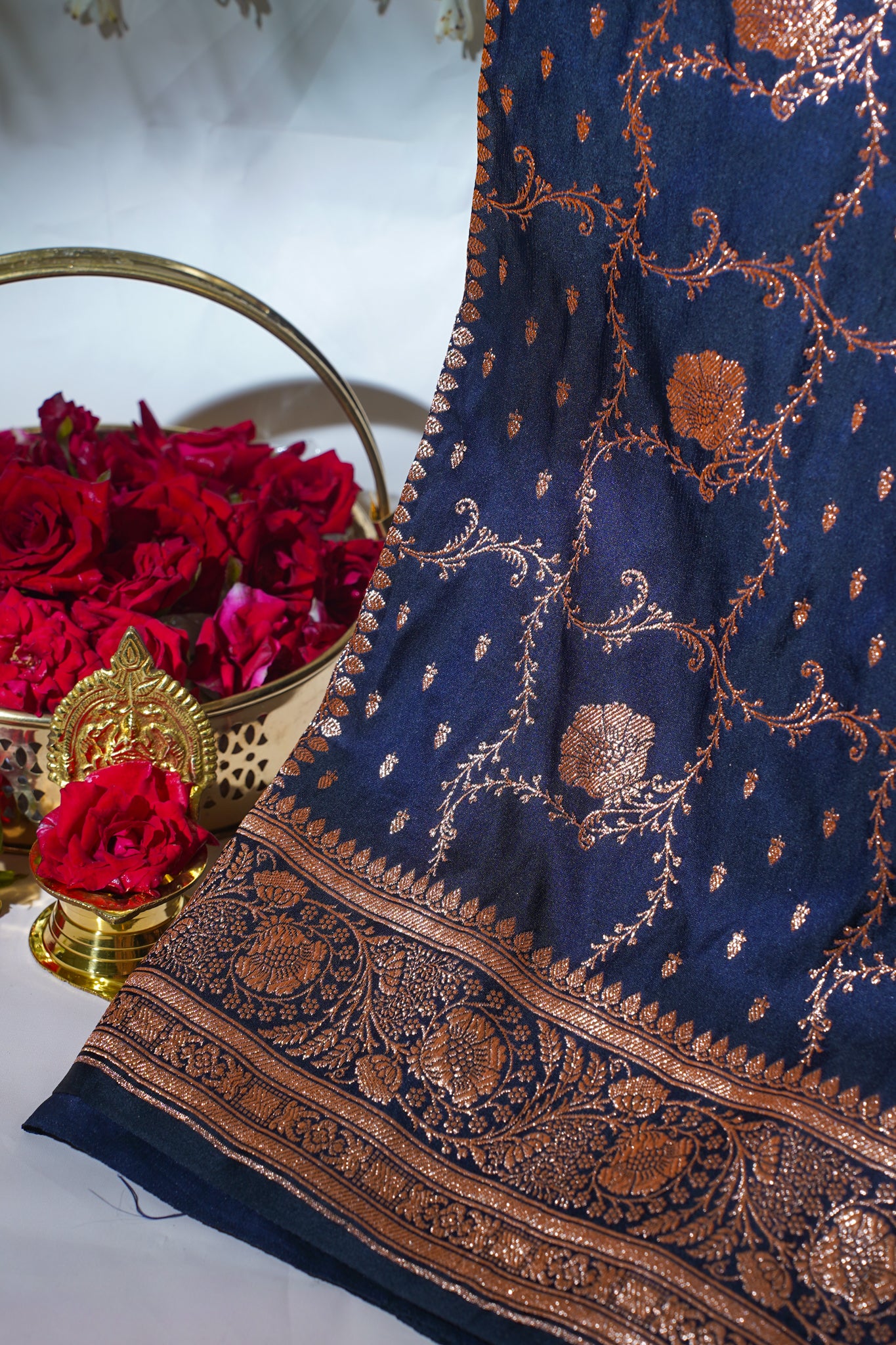 Navy Blue Satin Banarasi Saree with Golden Border