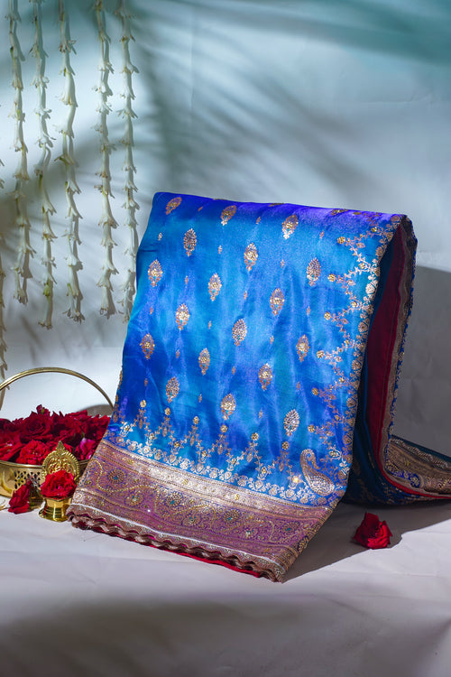 Blue Saree with Red Pallu