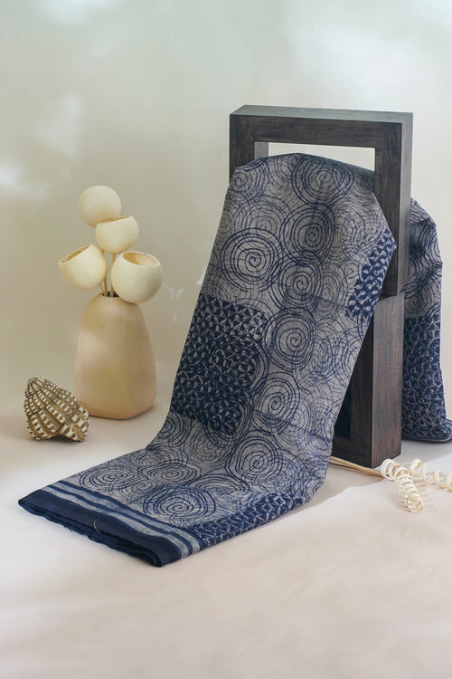 Blue Cotton Saree with Block Print