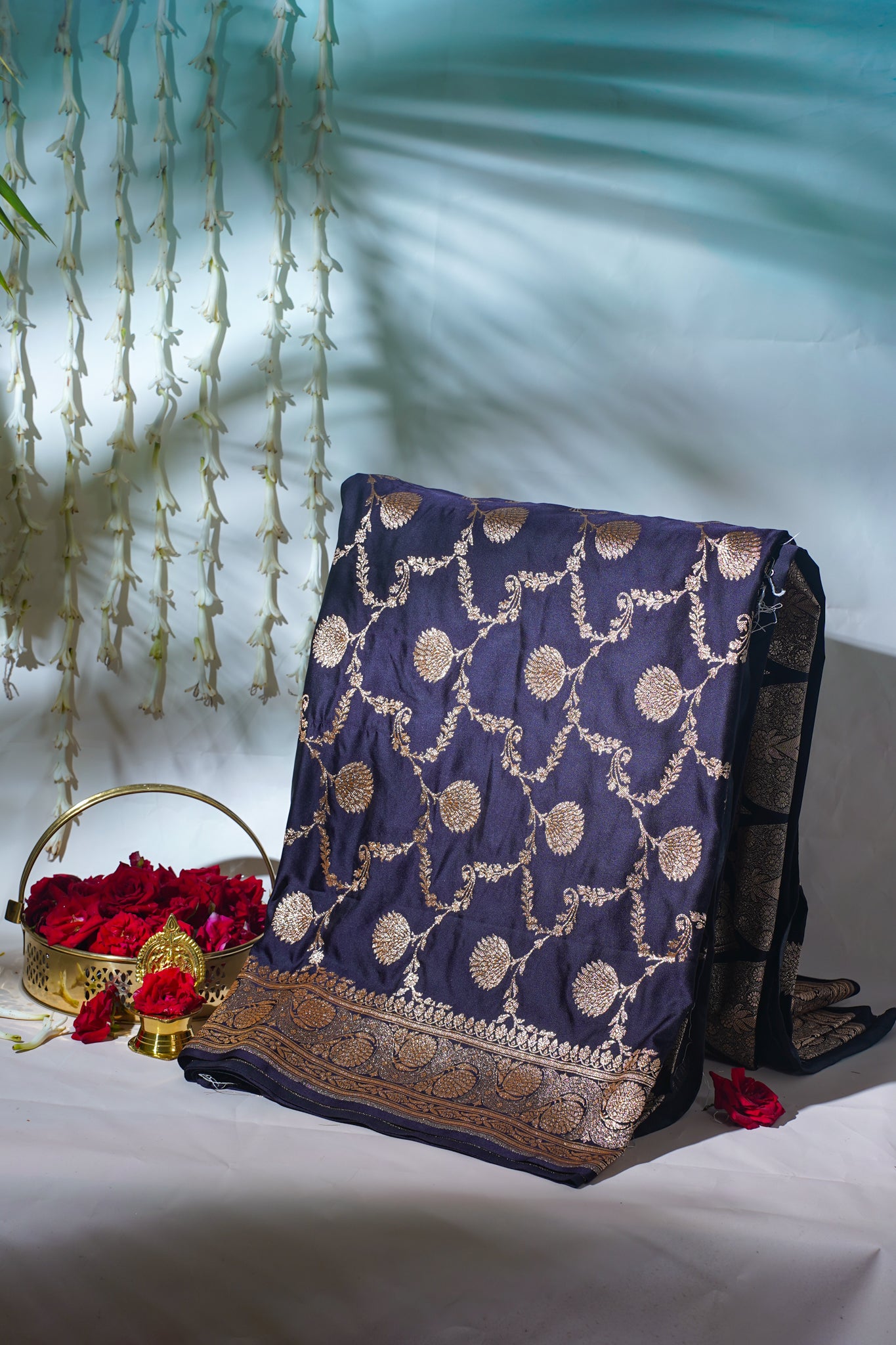 Navy Blue Satin Banarasi Saree