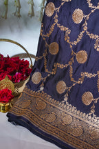Navy Blue Satin Banarasi Saree