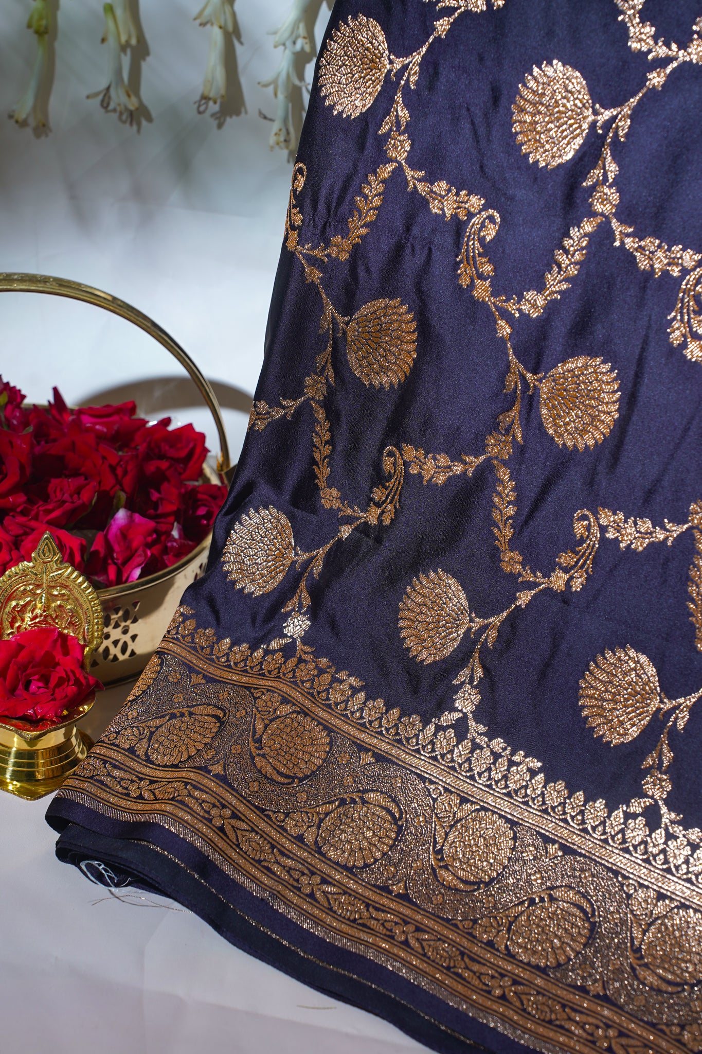 Navy Blue Satin Banarasi Saree