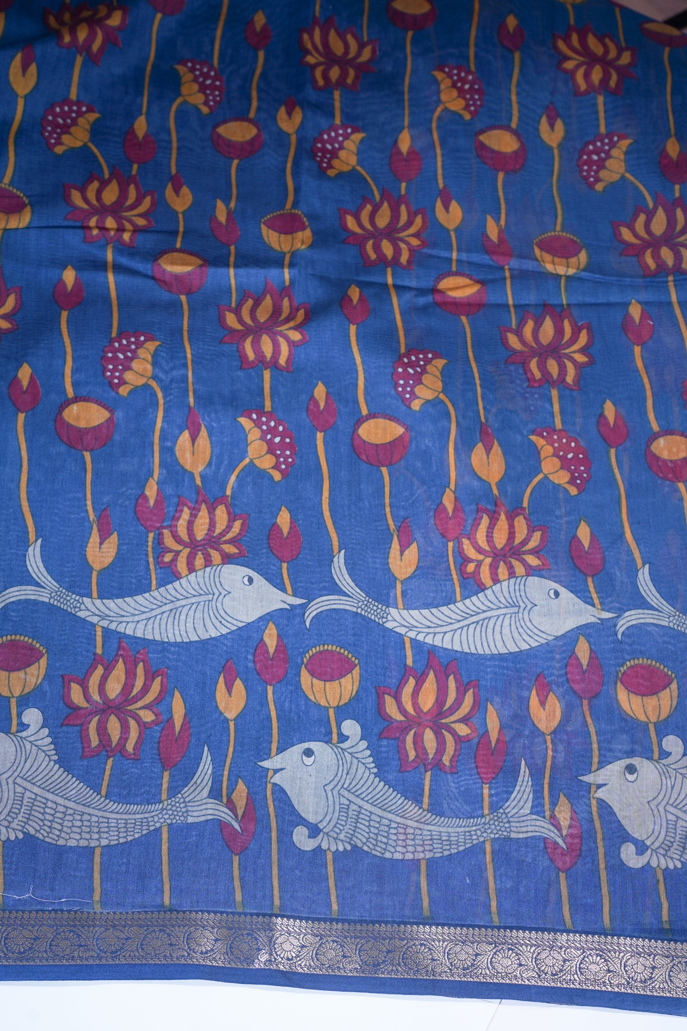Blue Pure Chanderi Saree with Kalamkari Print