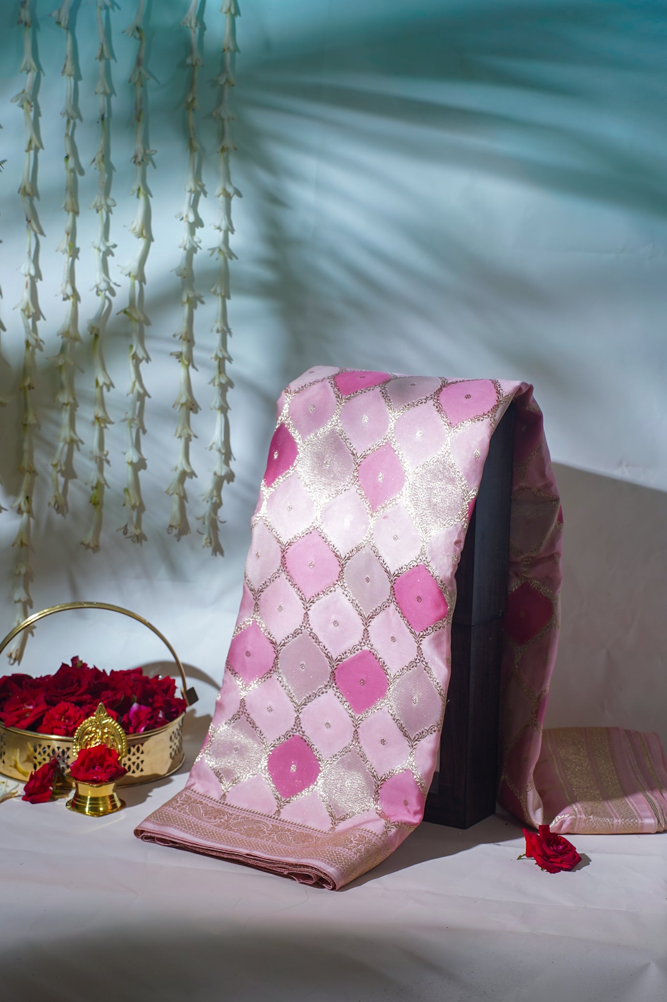 Pink Kora Satin Rangkat Saree with Gold Embroidery