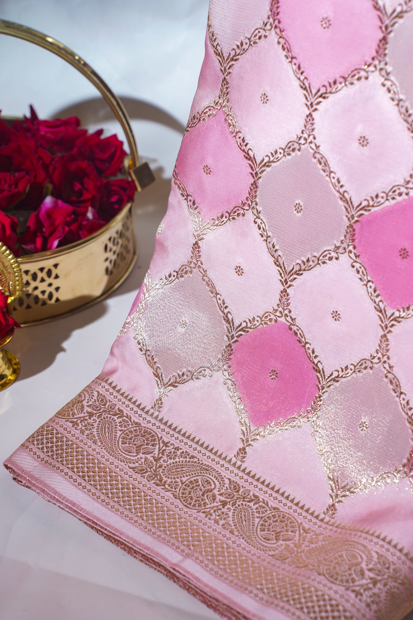Pink Kora Satin Rangkat Saree with Gold Embroidery