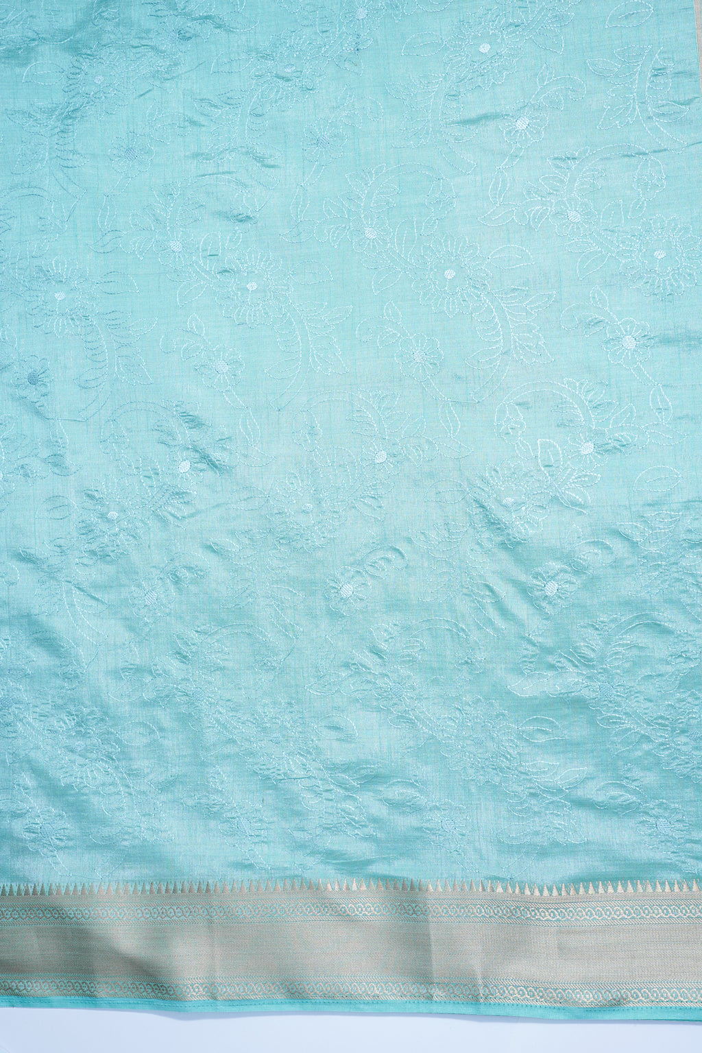 Teal Raw Tussar Fabric with Floral Jaal Embroidery